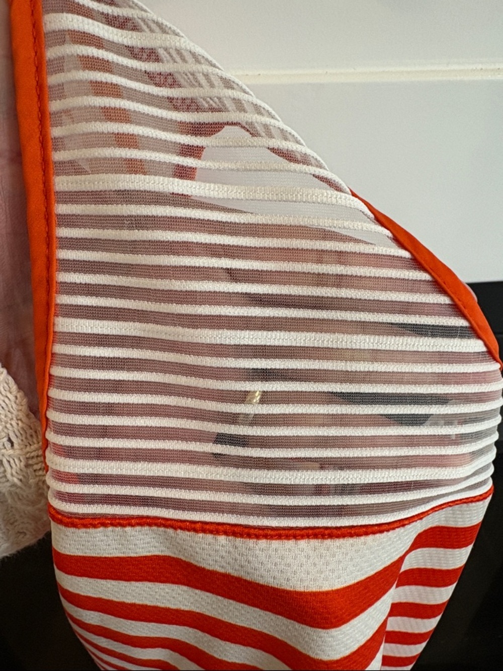 Striped Short-Sleeve Dress in Beige, Cream & Orange Trim - Picture 8 of 13